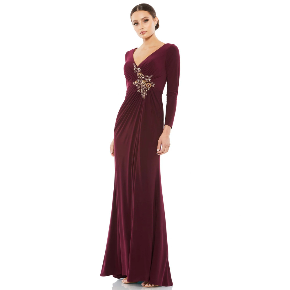 Mac Duggal 67848 Red Berry Faux Wrap Maxi Gown Beaded Bodice 4 NWT